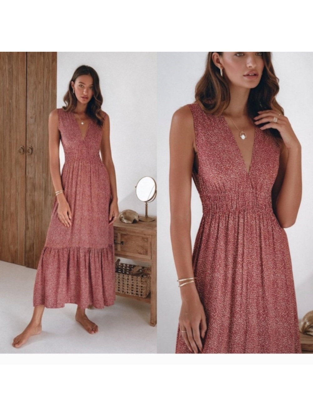 Pampelone Dress S Maxi Long Tiered Sleeveless Rust Red Boho Gypsy Elastic Waist